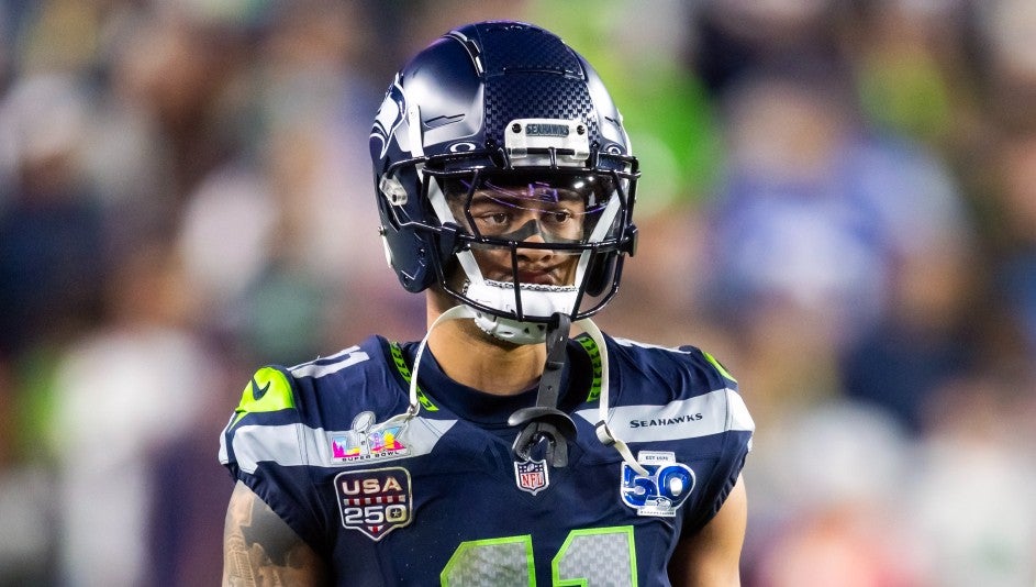 Feb 8, 2026; Santa Clara, CA, USA; Seattle Seahawks wide receiver Jaxon Smith-Njigba (11) against the New England Patriots during Super Bowl LX at Levi's Stadium.