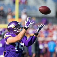 Sep 27, 2015; Minneapolis, MN, USA; Minnesota Vikings wide receiver Adam Thielen (19) catches a pass before the game against the San Diego Chargers at TCF Bank Stadium.