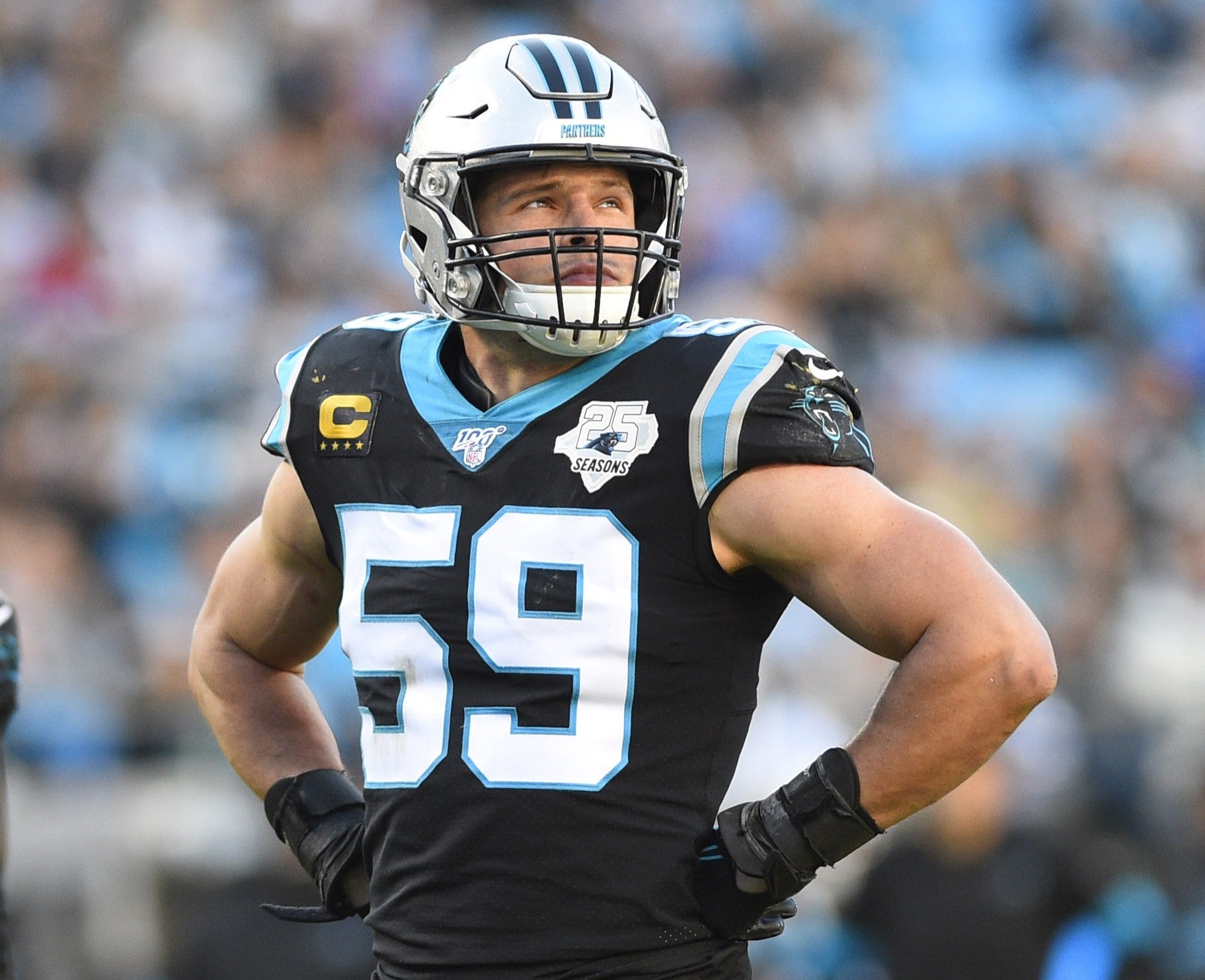 Dec 1, 2019; Charlotte, NC, USA; Carolina Panthers middle linebacker Luke Kuechly (59) on the field in the third quarter at Bank of America Stadium.