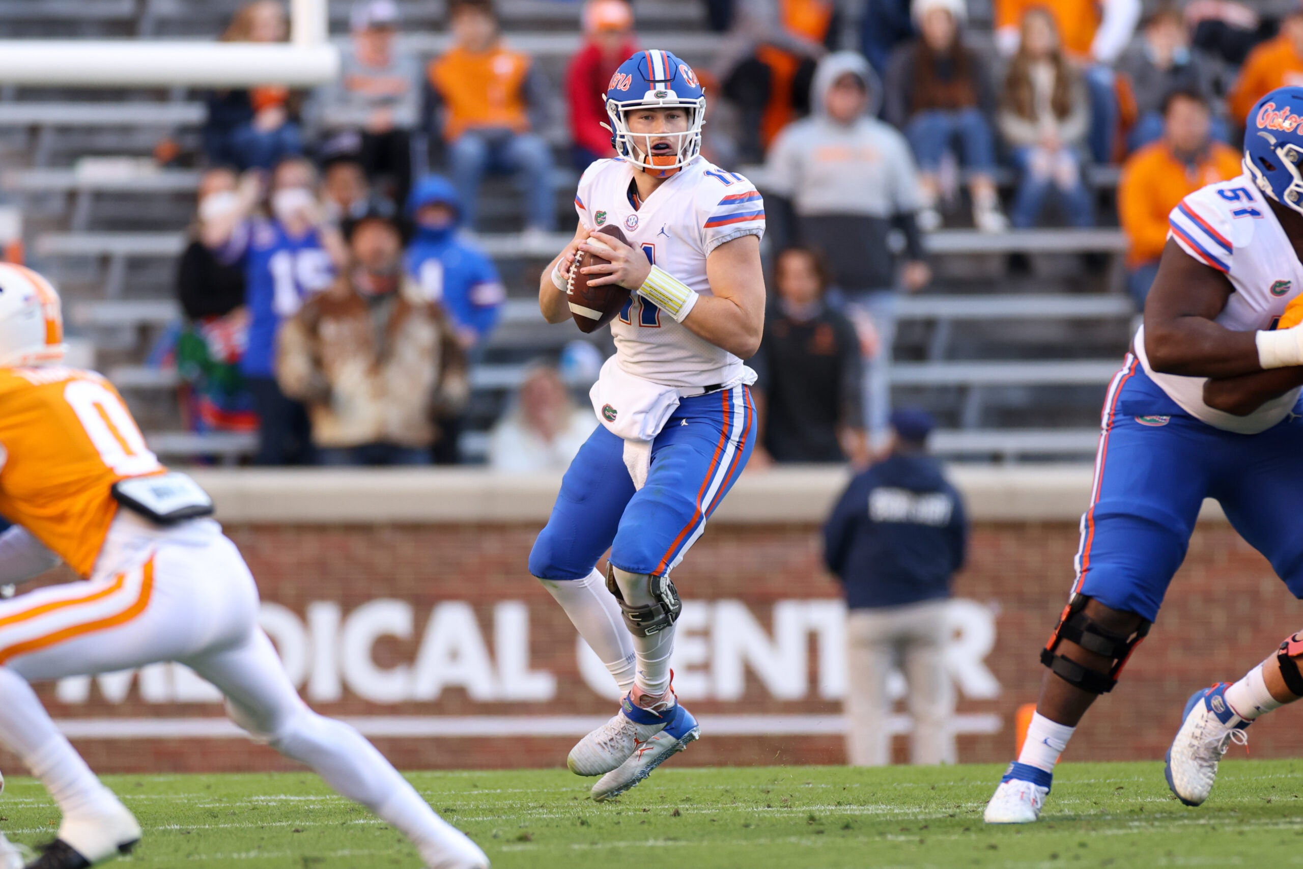 Dec 5, 2020; Knoxville, Tennessee, USA; Florida Gators quarterback Kyle Trask (11) during a game against the Tennessee Volunteers at Neyland Stadium.