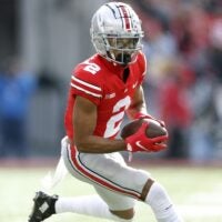 Ohio State Buckeyes wide receiver Chris Olave (2) makes a catch against Michigan State Spartans in the second quarter during their NCAA College football game at Ohio Stadium in Columbus, Ohio on November 20, 2021. Osu21msu Kwr 25