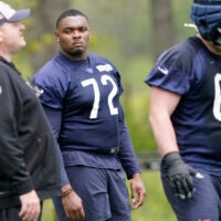 May 10, 2024; Lake Forest, IL, USA; Chicago Bears offensive lineman Kiran Amegadjie (72) during Chicago Bears rookie minicamp at Halas Hall.