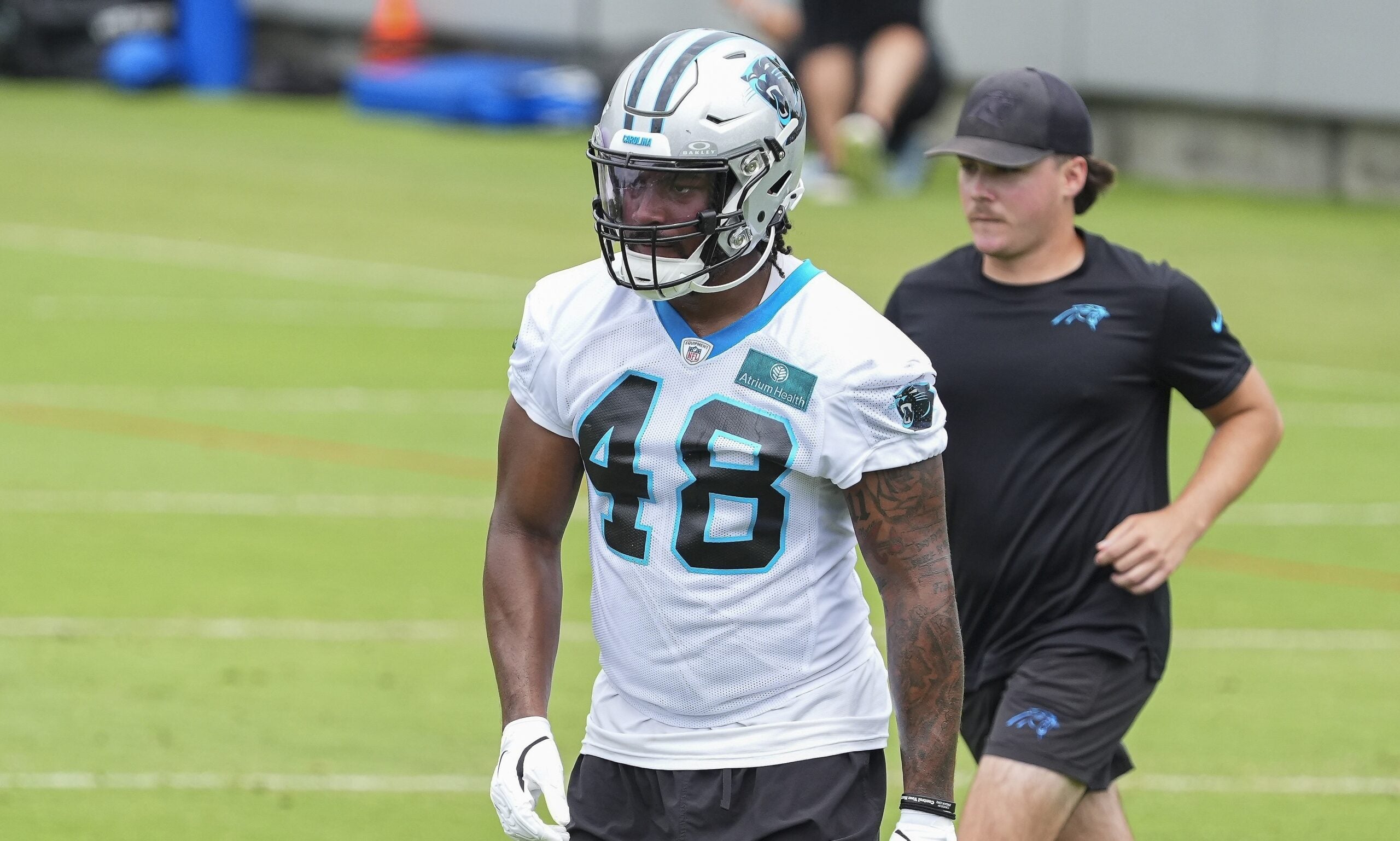 Jun 4, 2024; Charlotte, NC, USA; Carolina Panthers linebacker Cam Gill (48) during OTAs.