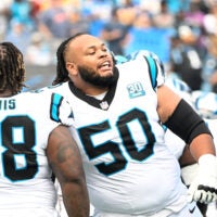 Sep 15, 2024; Charlotte, North Carolina, USA; Carolina Panthers guard Damien Lewis (68) and guard Robert Hunt (50) before the game at Bank of America Stadium.