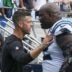 Sep 29, 2024; Charlotte, North Carolina, USA; Carolina Panthers head coach Dave Canales greets offensive tackle Taylor Moton (72) as he leaves the field after the fourth quarter against the Cincinnati Bengals at Bank of America Stadium.