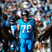 Oct 13, 2024; Charlotte, North Carolina, USA; Carolina Panthers guard Brady Christensen (70) is introduced before the game at Bank of America Stadium.