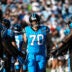 Oct 13, 2024; Charlotte, North Carolina, USA; Carolina Panthers guard Brady Christensen (70) is introduced before the game at Bank of America Stadium.