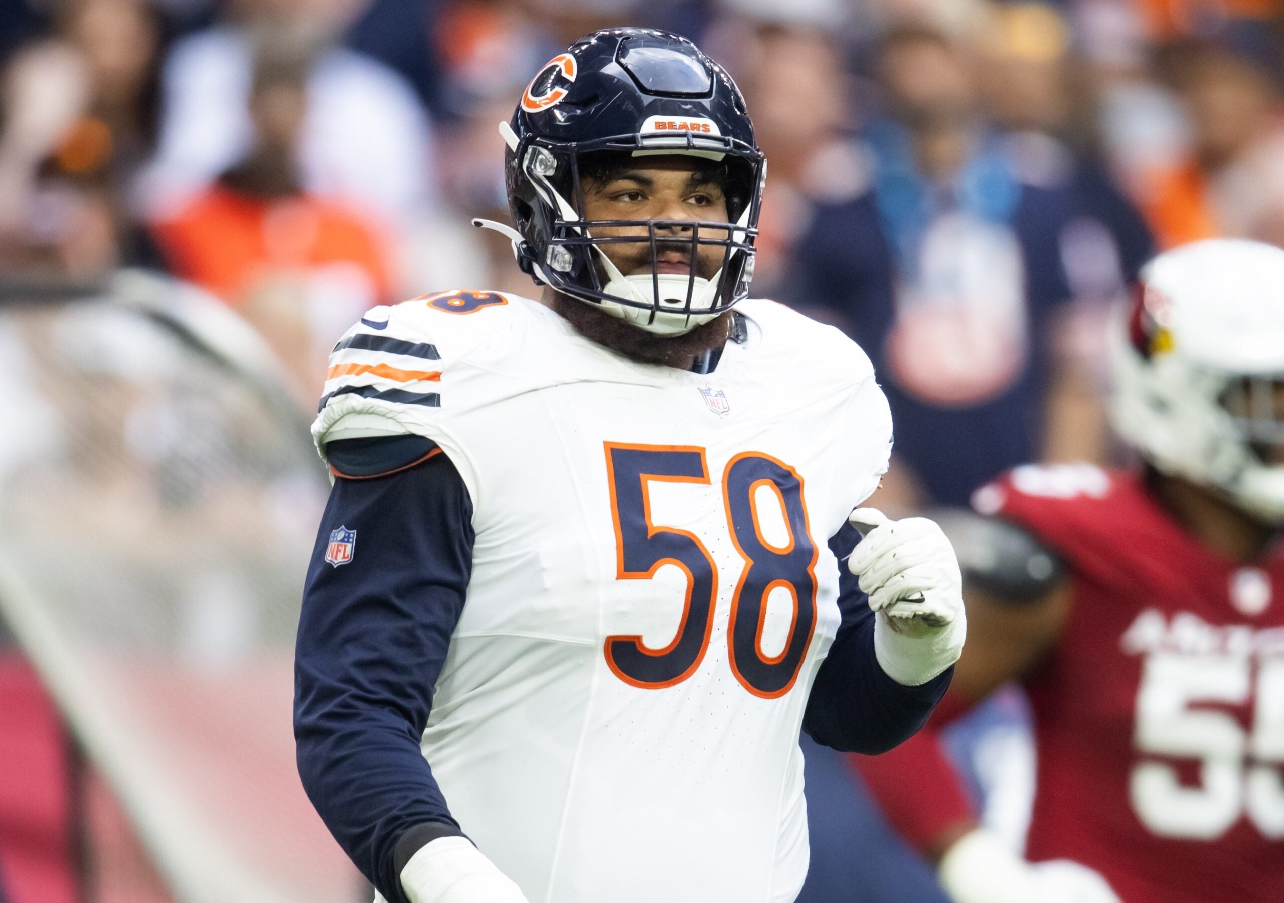 Nov 3, 2024; Glendale, Arizona, USA; Chicago Bears offensive tackle Darnell Wright (58) against the Arizona Cardinals at State Farm Stadium.