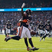 Nov 17, 2024; Chicago, Illinois, USA; Chicago Bears cornerback Terell Smith (32) celebrates his interception against the Green Bay Packers during the first half at Soldier Field.