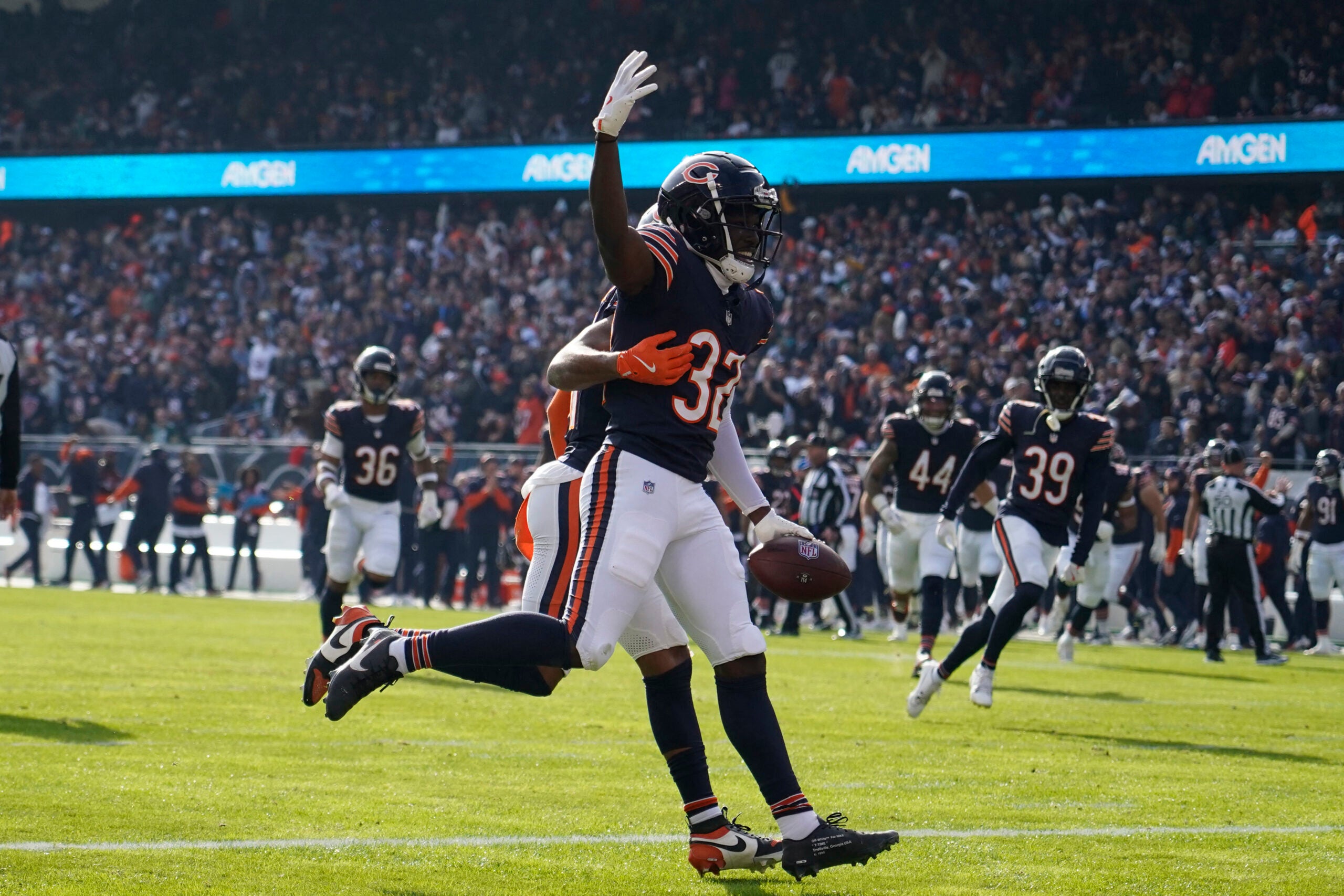 Nov 17, 2024; Chicago, Illinois, USA; Chicago Bears cornerback Terell Smith (32) celebrates his interception against the Green Bay Packers during the first half at Soldier Field.