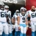 Dec 29, 2024; Tampa, Florida, USA; Carolina Panthers guard Damien Lewis (68) quarterback Bryce Young (9), and guard Robert Hunt (50) looks on before a game against the Tampa Bay Buccaneers at Raymond James Stadium.