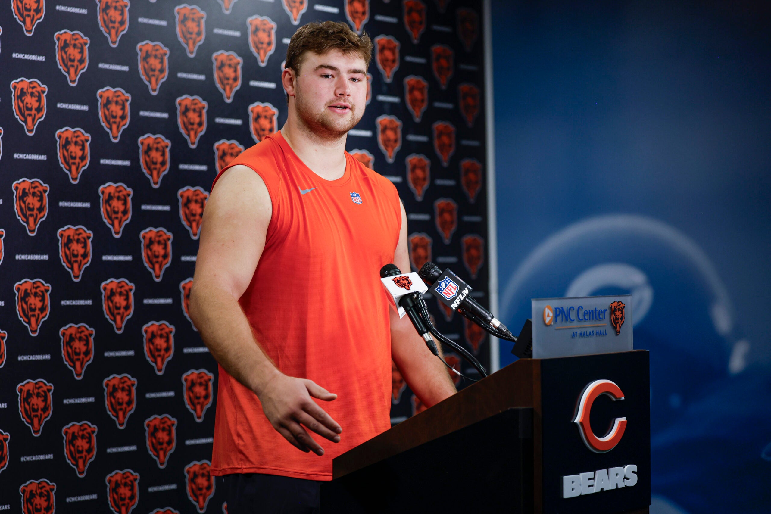 May 9, 2025; Lake Forest, IL, USA; Chicago Bears offensive line Ozzy Trapilo speaks during the Rookie Minicamp at Halas Hall.