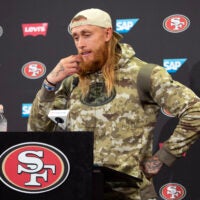 Jul 23, 2025; Santa Clara, CA, USA; San Francisco 49ers tight end George Kittle answers questions from reporters following the first day of training camp at SAP Performance Facility.