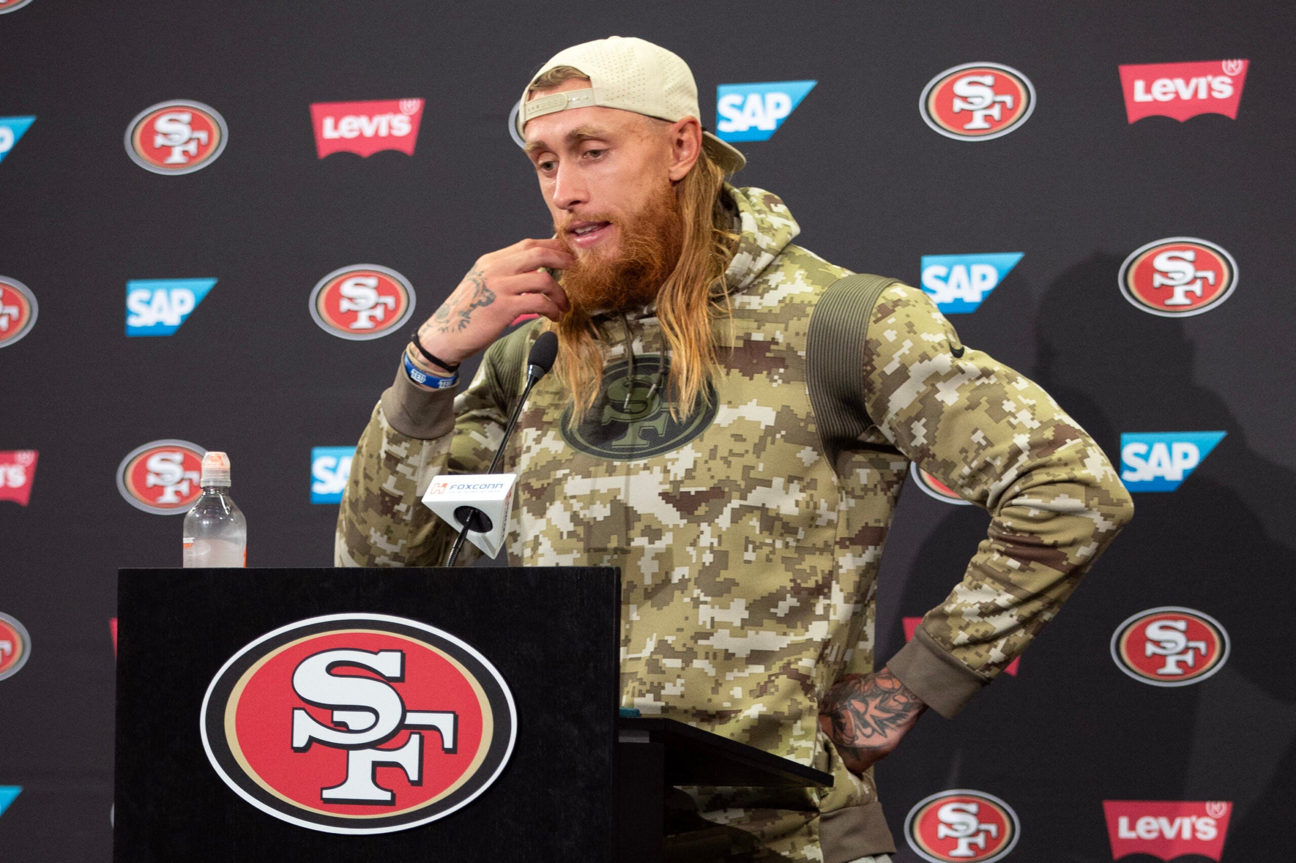 Jul 23, 2025; Santa Clara, CA, USA; San Francisco 49ers tight end George Kittle answers questions from reporters following the first day of training camp at SAP Performance Facility.