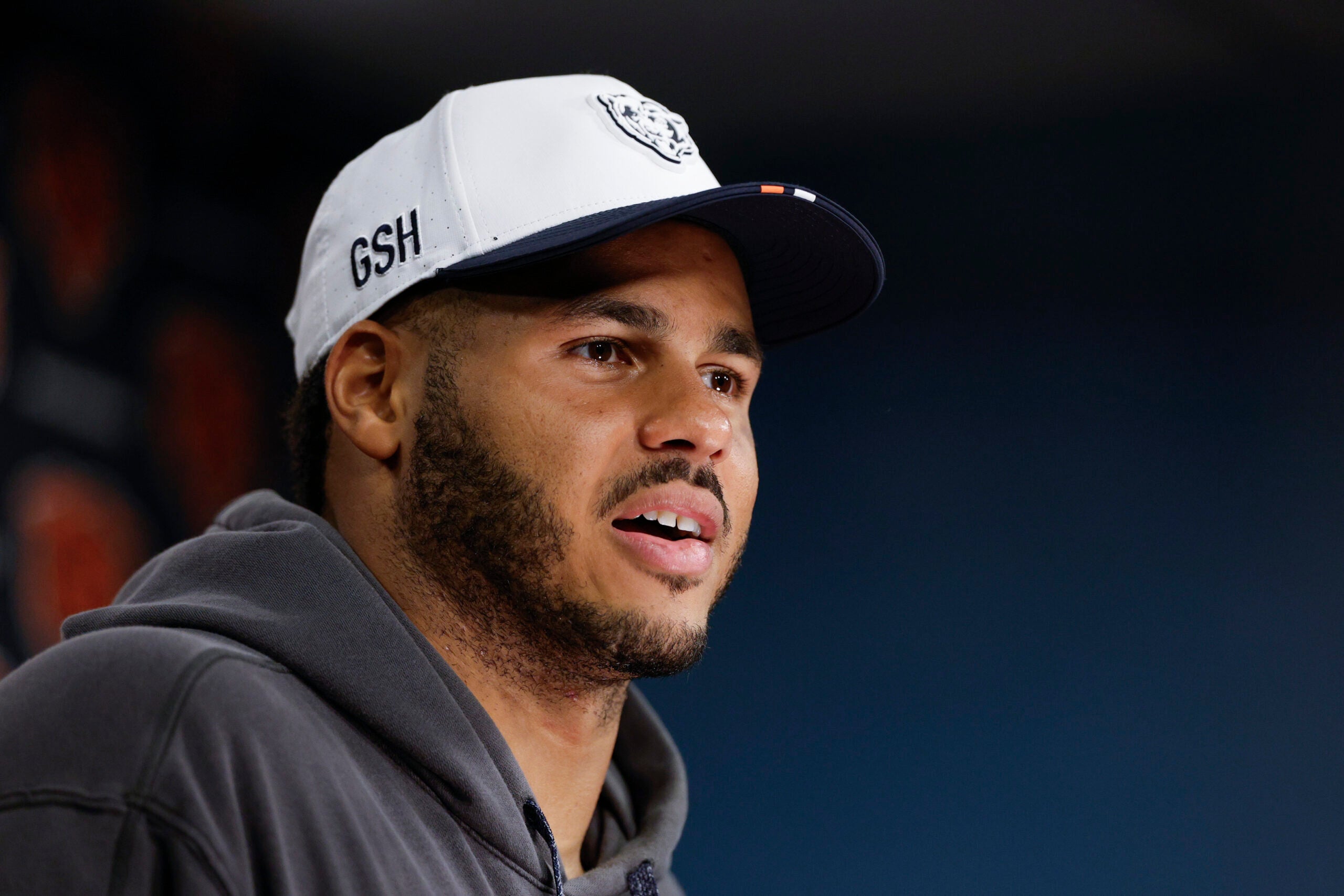 Chicago Bears linebacker T.J. Edwards (53) speaks during training camp at Halas Hall.