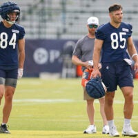 Jul 24, 2025; Lake Forest, IL, USA; Chicago Bears tight ends Colston Loveland (84) and Cole Kmet (85) stand on the field during training camp at Halas Hall.