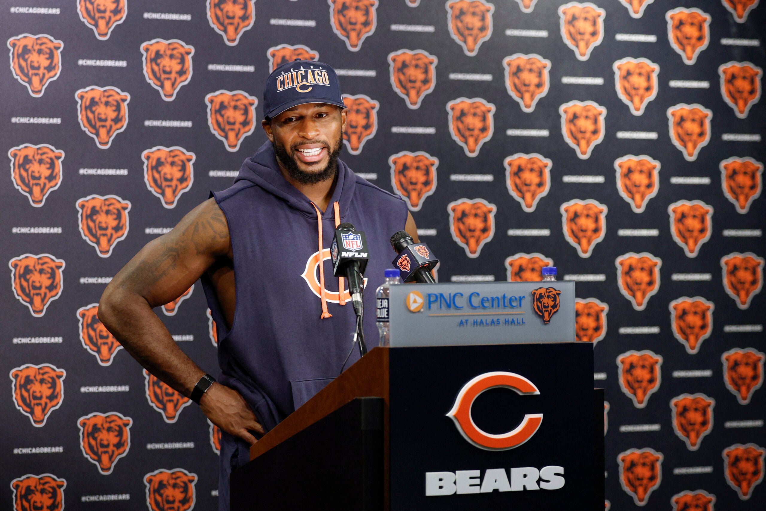 Jul 24, 2025; Lake Forest, IL, USA; Chicago Bears safety Kevin Byard III (31) speaks during training camp at Halas Hall.