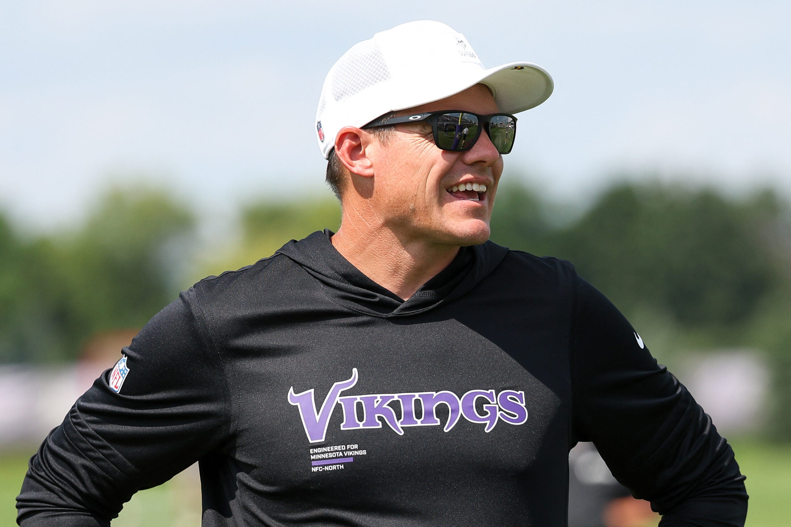 Jul 29, 2025; Eagan, MN, USA; Minnesota Vikings head coach Kevin O'Connell looks on during the teams training camp at the Minnesota Vikings Training Facility.