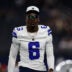 Aug 22, 2025; Arlington, Texas, USA; Dallas Cowboys safety Donovan Wilson (6) prior to the game against the Atlanta Falcons at AT&T Stadium.
