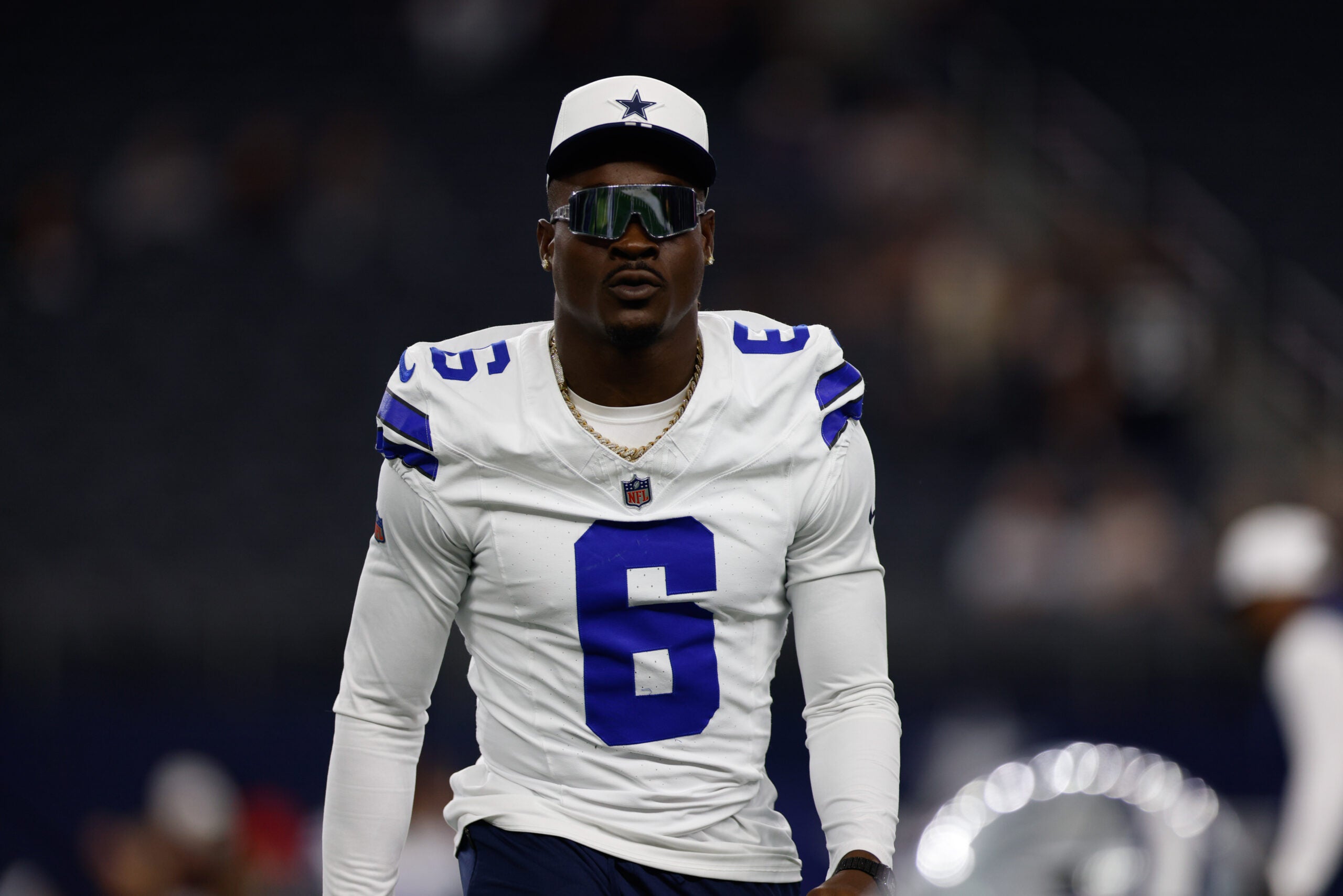 Aug 22, 2025; Arlington, Texas, USA; Dallas Cowboys safety Donovan Wilson (6) prior to the game against the Atlanta Falcons at AT&T Stadium.