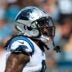 Carolina Panthers cornerback Jaycee Horn (8) taunts the Jacksonville Jaguars fans after collecting an interception during the third quarter of an NFL football matchup at EverBank Stadium, Sunday, Sept. 7, 2025 in Jacksonville, Fla. The Jaguars defeated the Panthers 26-10.