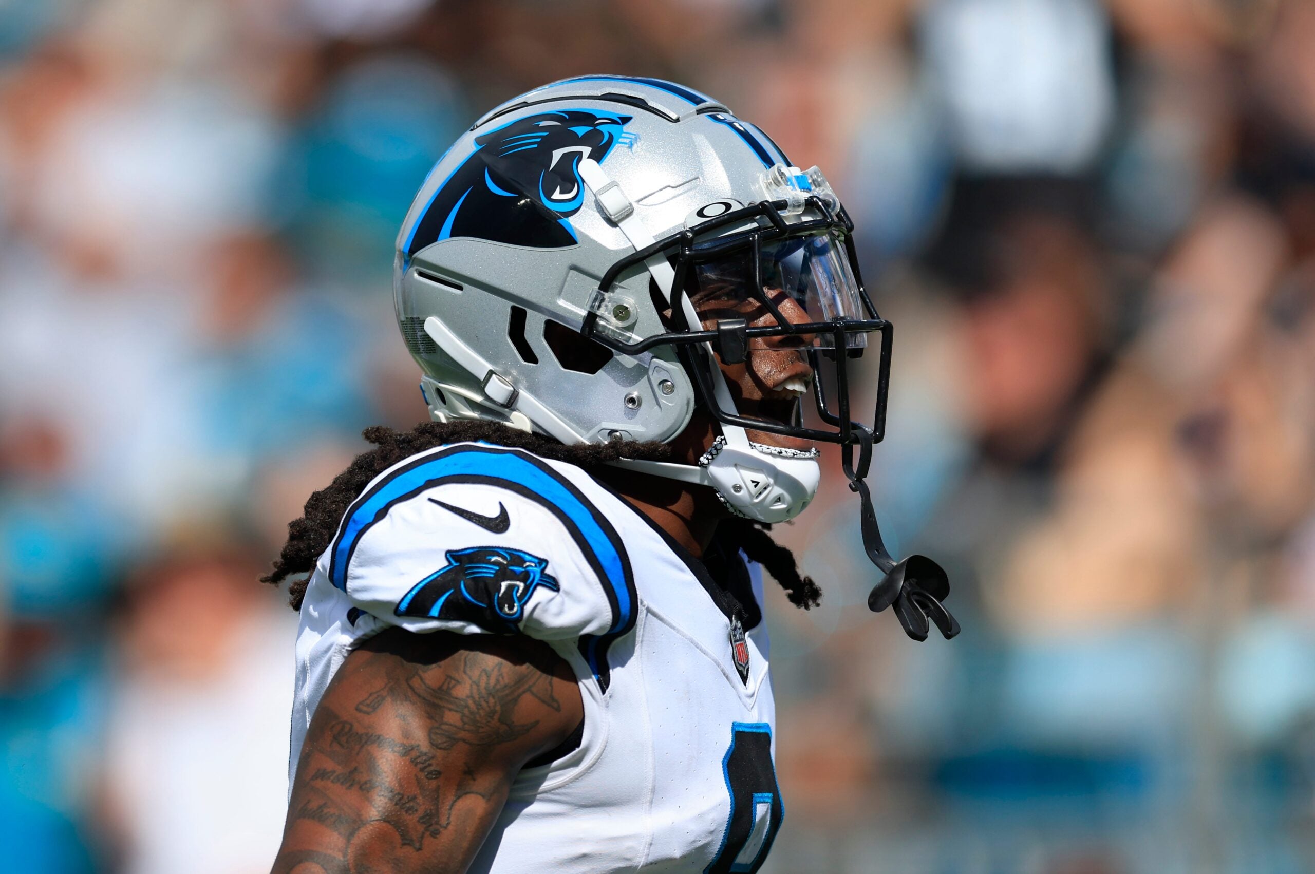 Carolina Panthers cornerback Jaycee Horn (8) taunts the Jacksonville Jaguars fans after collecting an interception during the third quarter of an NFL football matchup at EverBank Stadium, Sunday, Sept. 7, 2025 in Jacksonville, Fla. The Jaguars defeated the Panthers 26-10.