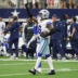 Sep 14, 2025; Arlington, Texas, USA; Dallas Cowboys safety Donovan Wilson (6) reacts after making an interception against the New York Giants during overtime at AT&T Stadium.