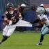 Sep 21, 2025; Chicago, Illinois, USA; Dallas Cowboys defensive back Reddy Steward (27) grabs Chicago Bears wide receiver Rome Odunze (15) jersey during the second half at Soldier Field.