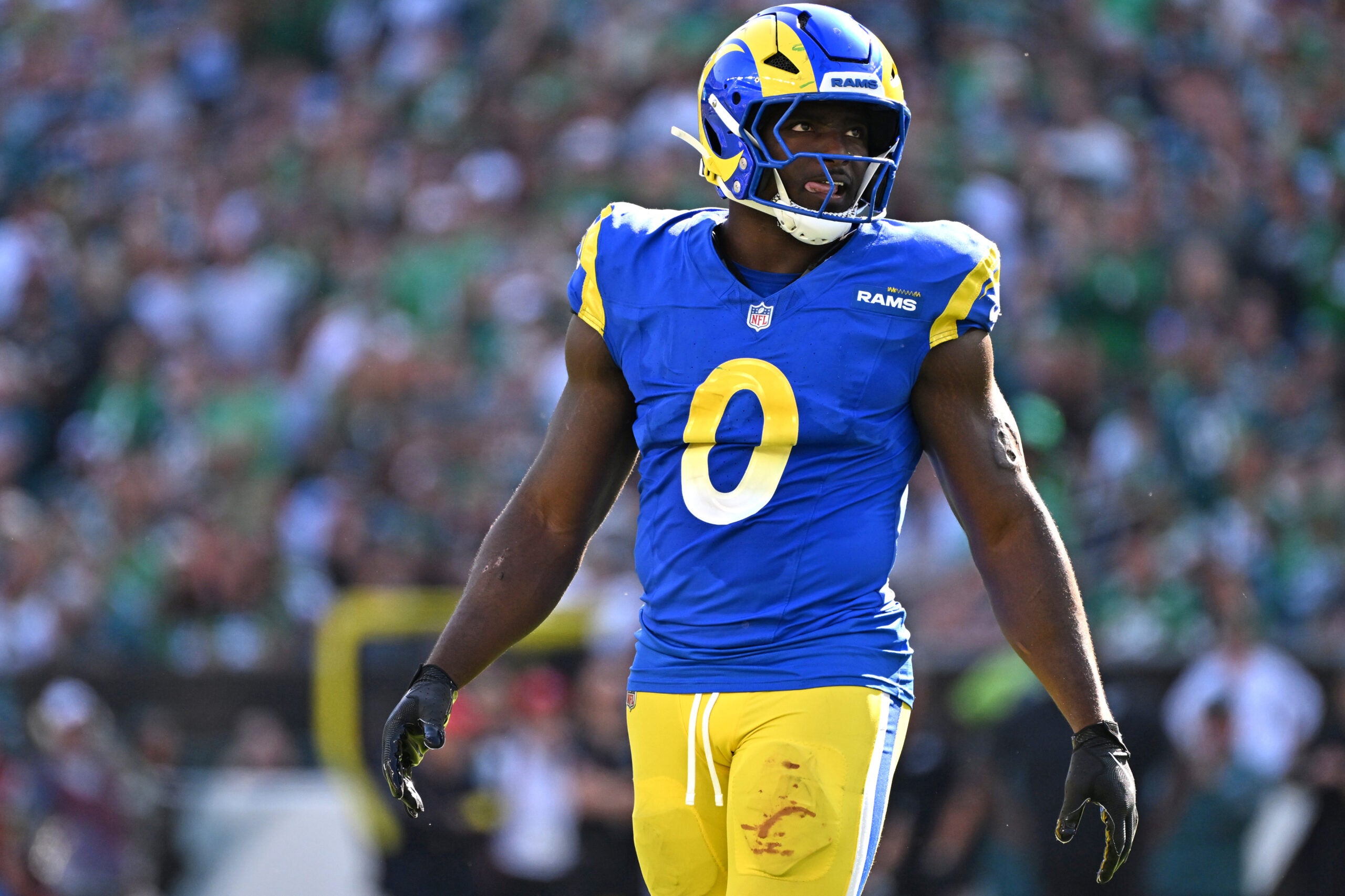 Sep 21, 2025; Philadelphia, Pennsylvania, USA; Los Angeles Rams linebacker Byron Young (0) against the Philadelphia Eagles at Lincoln Financial Field.