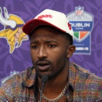 Sep 28, 2025; Dublin, Ireland; Minnesota Vikings linebacker Jonathan Greenard (58) at press conference after an NFL International Series game against the Pittsburgh Steelers at Croke Park.
