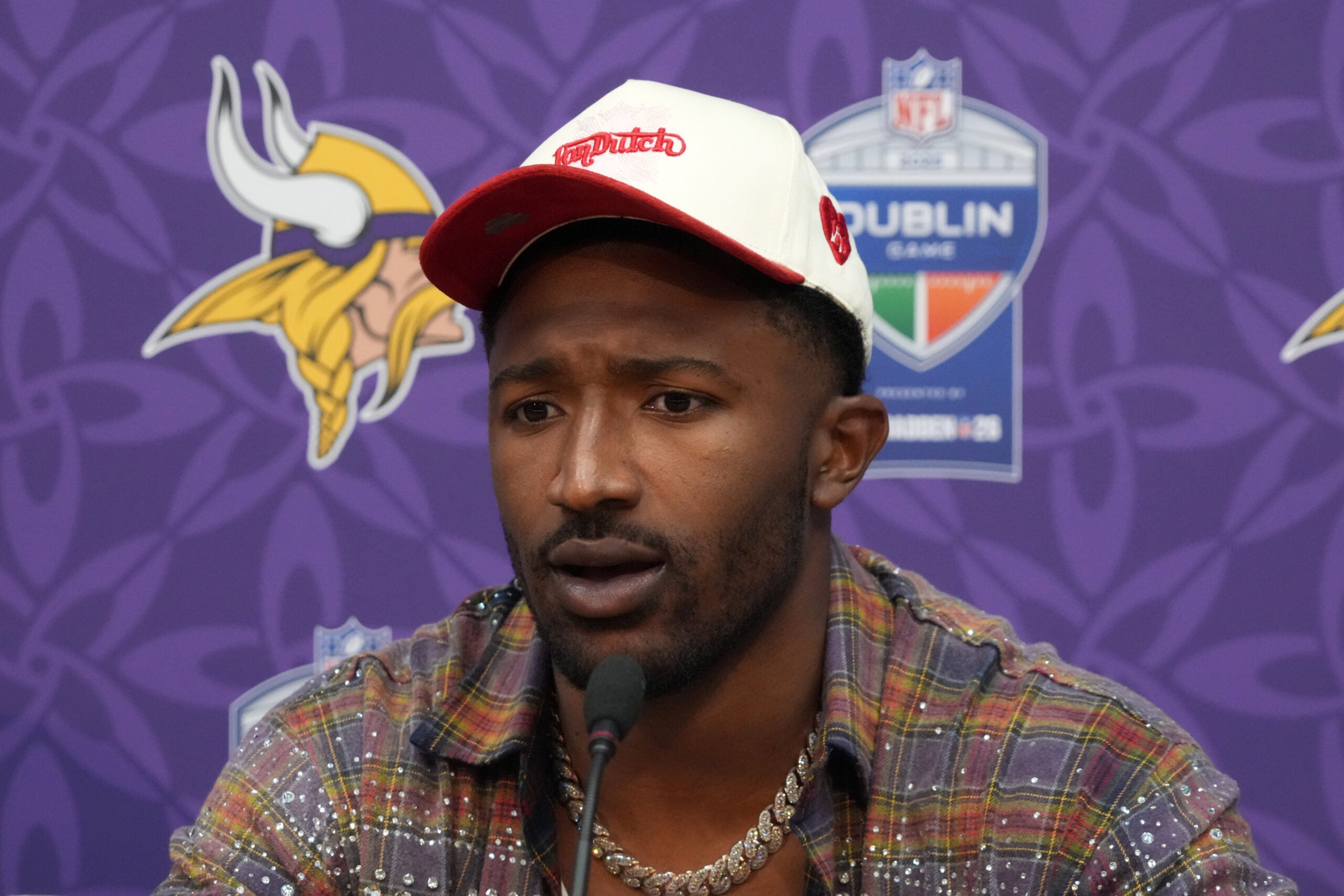 Sep 28, 2025; Dublin, Ireland; Minnesota Vikings linebacker Jonathan Greenard (58) at press conference after an NFL International Series game against the Pittsburgh Steelers at Croke Park.