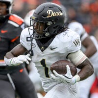 Oct 11, 2025; Corvallis, Oregon, USA; Wake Forest Demon Deacons running back Demond Claiborne (1) runs the ball during the second half against the Oregon State Beavers at Reser Stadium.