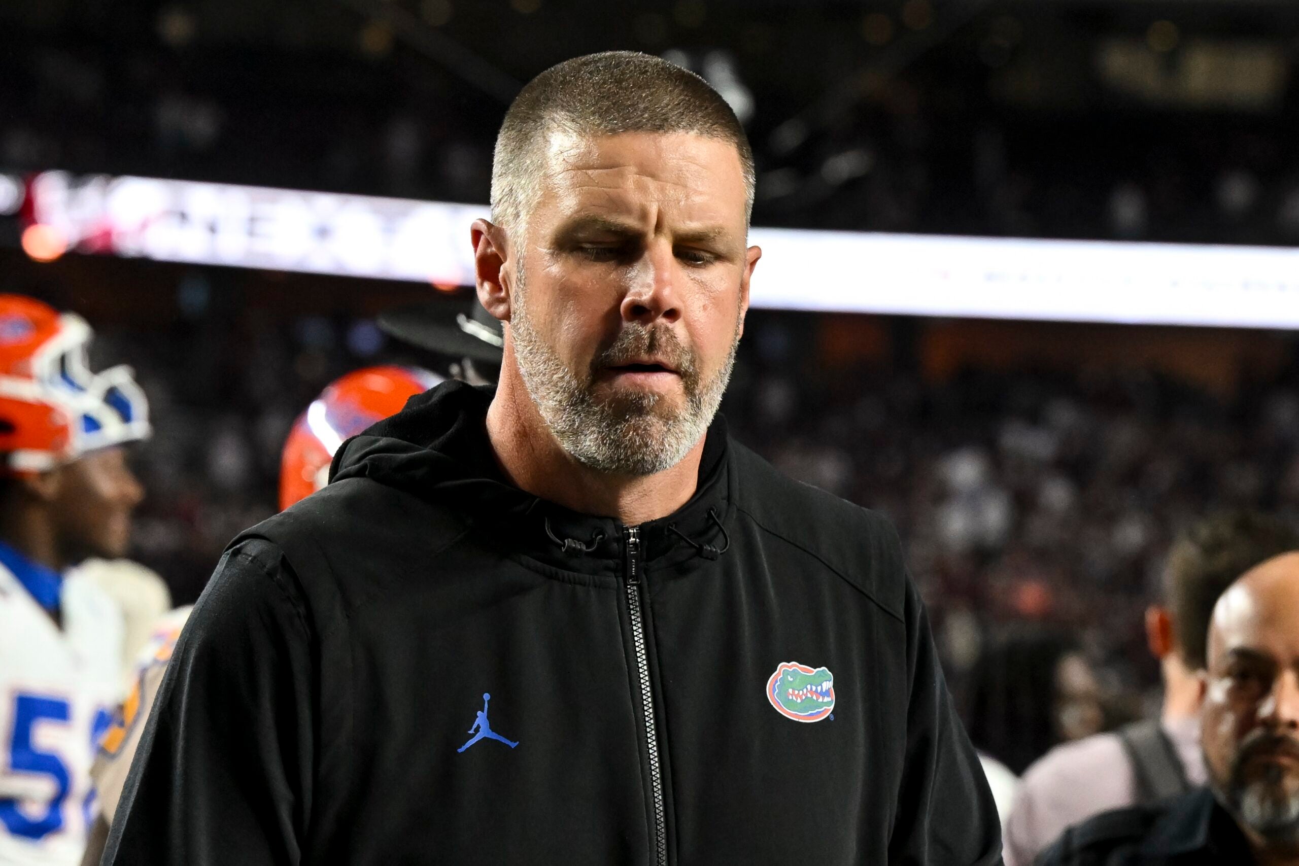 Oct 11, 2025; College Station, Texas, USA; Florida Gators head coach Billy Napier walks off the field after the game against the Texas A&M Aggies at Kyle Field.