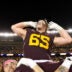 Oct 17, 2025; Minneapolis, Minnesota, USA; Minnesota Golden Gophers offensive lineman Greg Johnson (65) celebrates after the teams win against the Nebraska Cornhuskers at Huntington Bank Stadium.