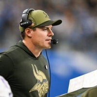 Nov 2, 2025; Detroit, Michigan, USA; Minnesota Vikings head coach Kevin O'Connell looks on during the first quarter against the Detroit Lions at Ford Field.