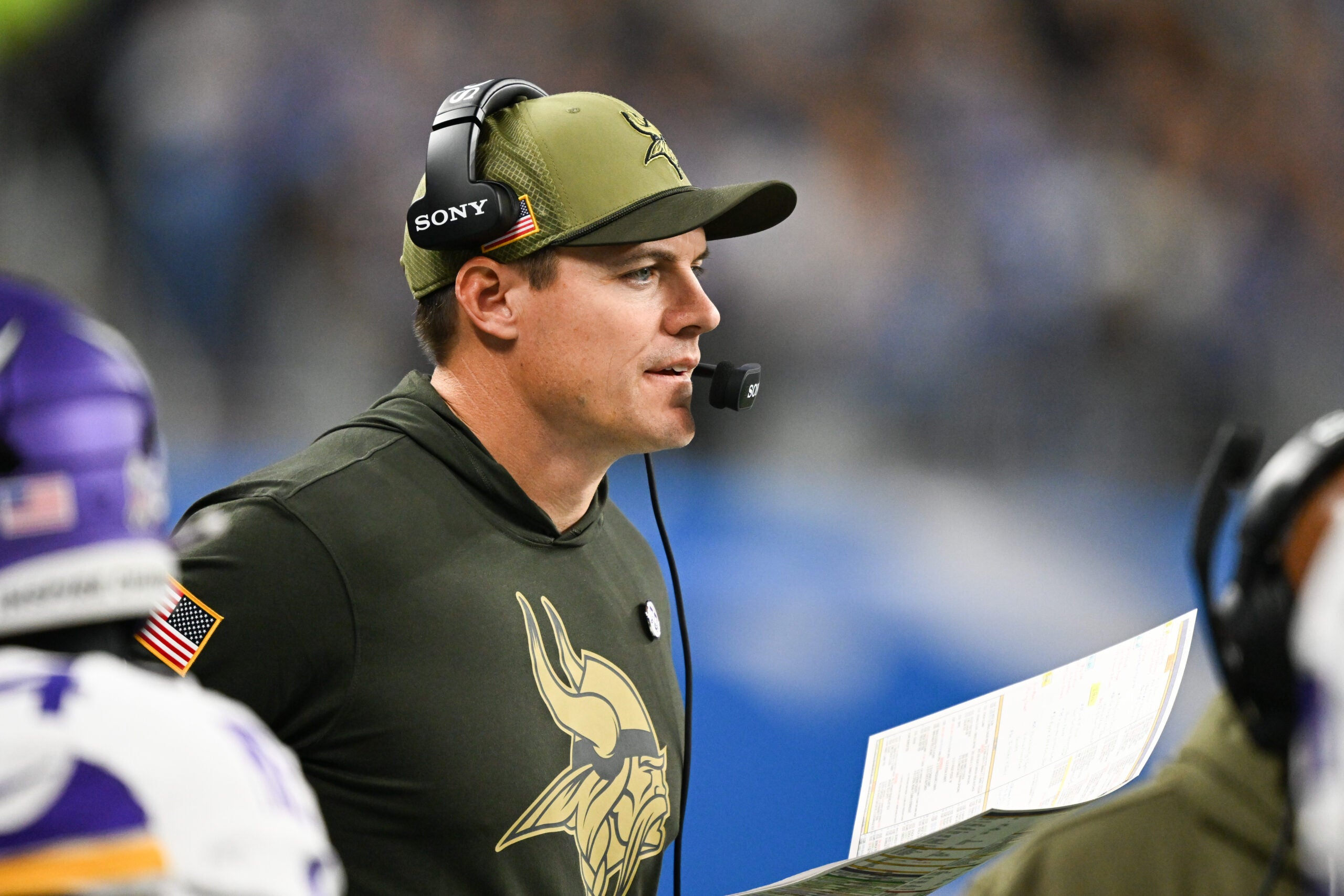 Nov 2, 2025; Detroit, Michigan, USA; Minnesota Vikings head coach Kevin O'Connell looks on during the first quarter against the Detroit Lions at Ford Field.