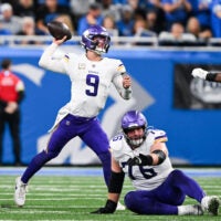 Nov 2, 2025; Detroit, Michigan, USA; Minnesota Vikings quarterback J.J. McCarthy (9) throws a pass in the second quarter against the Detroit Lions at Ford Field.
