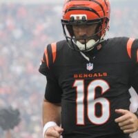 Bengals Joe Flacco (16) enters the field before their game against the Bears at Paycor Stadium on Sunday November 2, 2025.