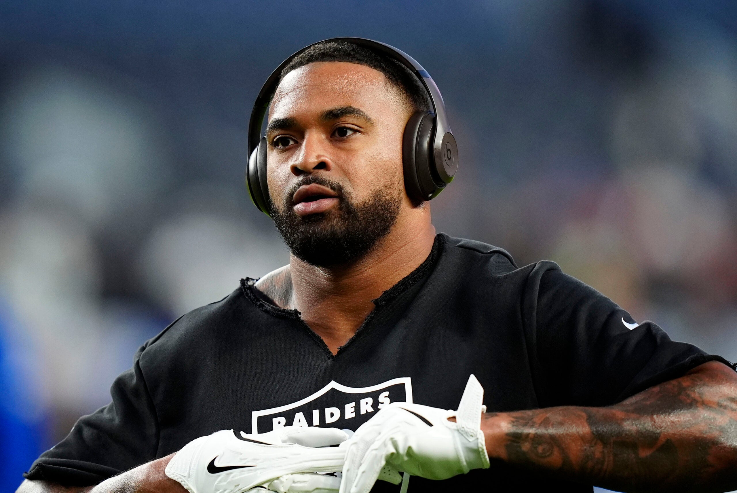 Nov 6, 2025; Denver, Colorado, USA; Las Vegas Raiders linebacker Jamal Adams (33) practices before the game at Empower Field at Mile High.