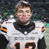 Nov 8, 2025; Regina, Saskatchewan, Canada; BC Lions quarterback Nathan Rourke (12) reacts after the game during the CFL Western Conference Final between the BC Lions and the Saskatchewan Roughriders at Mosaic Stadium. Roughriders win 24-21 over the Lions.