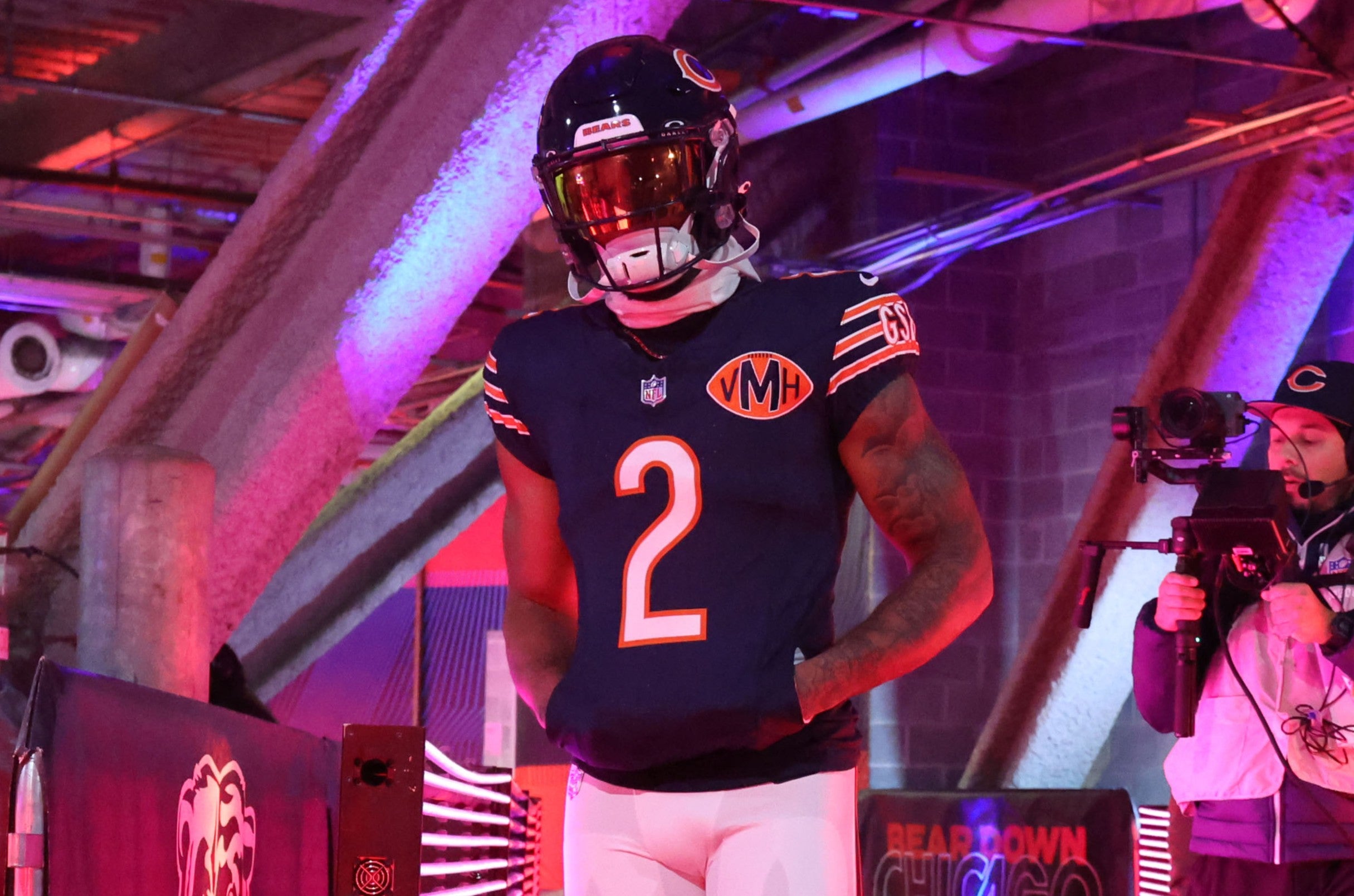 Nov 9, 2025; Chicago, Illinois, USA; Chicago Bears wide receiver DJ Moore (2) takes the field before the game against the New York Giants at Soldier Field.