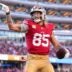 Nov 9, 2025; Santa Clara, California, USA; San Francisco 49ers tight end George Kittle (85) celebrates after getting a first down during the second quarter against the Los Angeles Rams at Levi's Stadium.