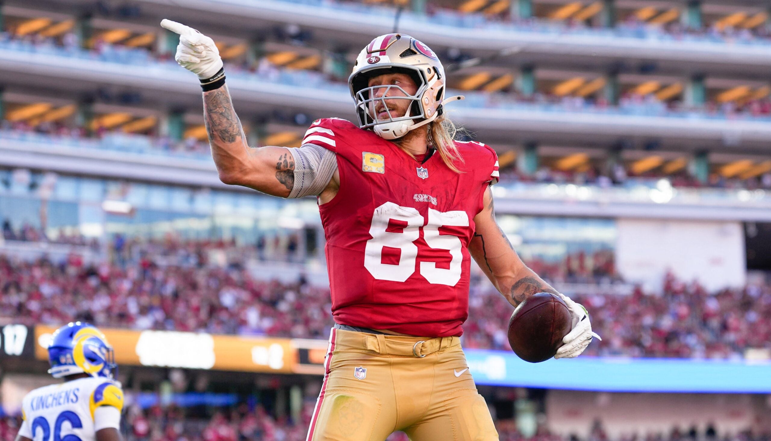 Nov 9, 2025; Santa Clara, California, USA; San Francisco 49ers tight end George Kittle (85) celebrates after getting a first down during the second quarter against the Los Angeles Rams at Levi's Stadium.