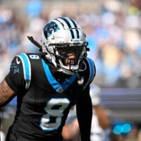 Nov 9, 2025; Charlotte, North Carolina, USA; Carolina Panthers cornerback Jaycee Horn (8) before the game at Bank of America Stadium.