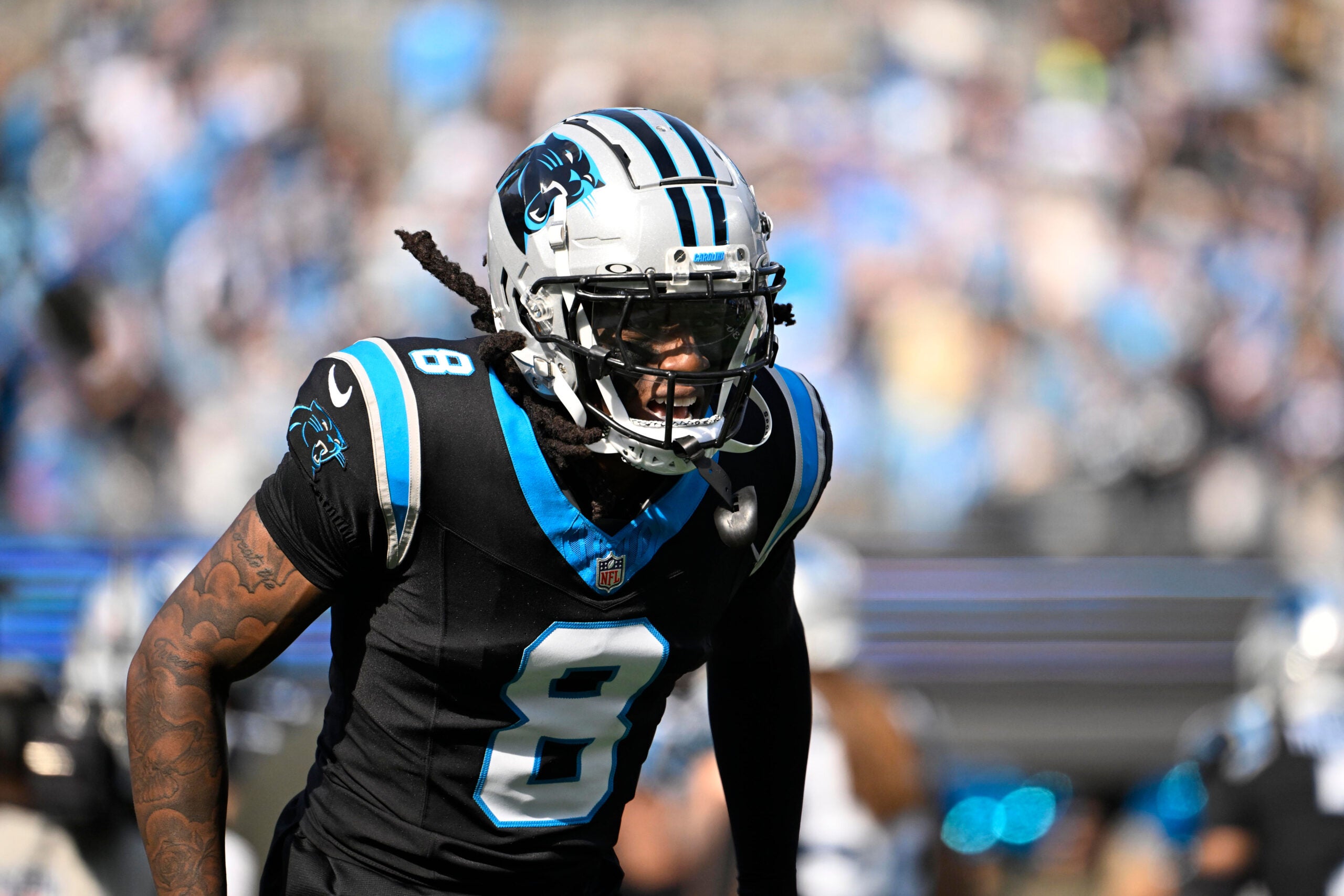 Nov 9, 2025; Charlotte, North Carolina, USA; Carolina Panthers cornerback Jaycee Horn (8) before the game at Bank of America Stadium.