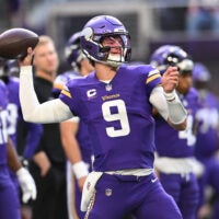 Nov 16, 2025; Minneapolis, Minnesota, USA; Minnesota Vikings quarterback J.J. McCarthy (9) warms up before a game against the Chicago Bears at U.S. Bank Stadium.