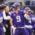 Nov 16, 2025; Minneapolis, Minnesota, USA; Minnesota Vikings quarterback J.J. McCarthy (9) warms up before a game against the Chicago Bears at U.S. Bank Stadium.