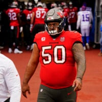 Nov 16, 2025; Orchard Park, New York, USA; Tampa Bay Buccaneers defensive tackle Vita Vea (50) warms up prior to the game against the Buffalo Bills at Highmark Stadium.