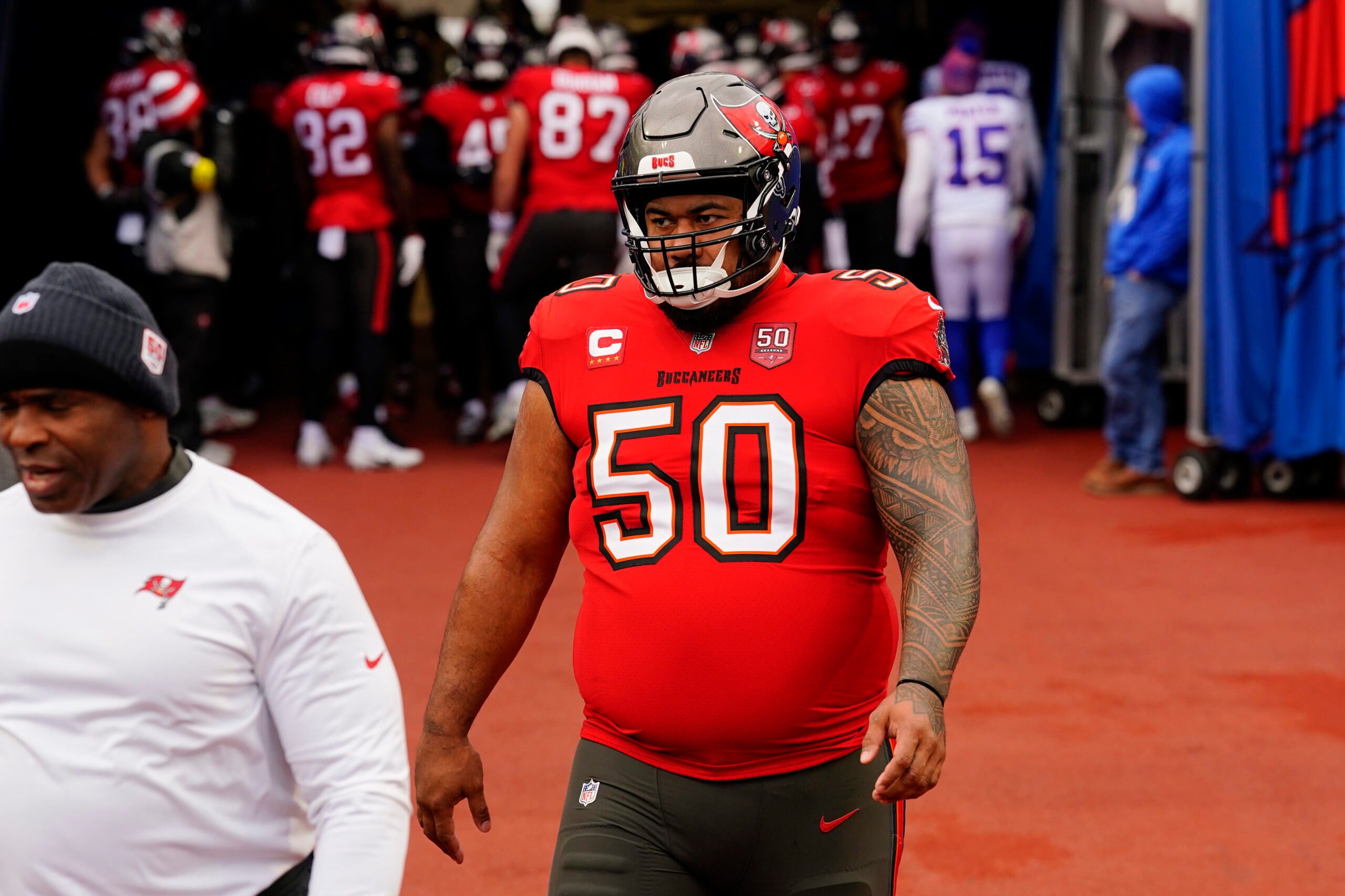 Nov 16, 2025; Orchard Park, New York, USA; Tampa Bay Buccaneers defensive tackle Vita Vea (50) warms up prior to the game against the Buffalo Bills at Highmark Stadium.