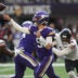 Nov 16, 2025; Minneapolis, Minnesota, USA; Minnesota Vikings quarterback J.J. McCarthy (9) throws downfield during the second quarter against the Chicago Bears at U.S. Bank Stadium.